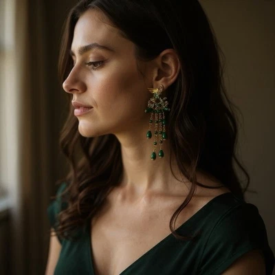 Medieval Bird Earrings VTG Flower Court Art Museum Gold Antique CZ Boho Bead - Image 1 of 4