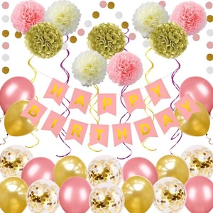 Pink & Gold Birthday Banner Confetti Balloons Dots Garland Pompom's Swirls Set - Bild 1 von 9
