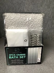 Essential Spa 3 Piece Bath Set Ombre Gray White with Liner +12 Metal Hooks M37A - Picture 1 of 3