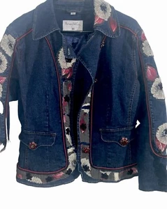 Pamela McCoy Medium Blue Denim Jacket Floral Embellished Rhinestones Bling - Picture 1 of 11