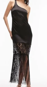 Topshop premium one shoulder satin midi dress with broderie and fringe Size 8 - Picture 1 of 5