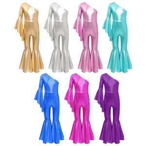 Kids Girls Romper Metallic Bodysuit Wide Leg Dance Jumpsuit One Shoulder Shiny - Picture 1 of 66