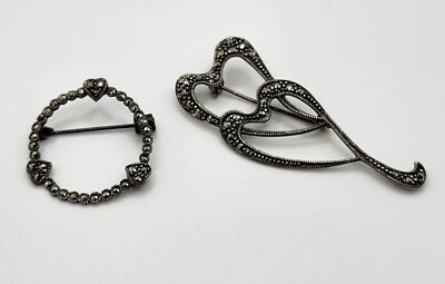 VTG Marcasite Heart Pin Brooch Sterling Silver & Marcasites Open Heart SET of 2! - Image 1 of 4