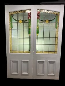 X LARGE VICTORIAN STAINED GLASS FRENCH DOORS ANTIQUE PERIOD RECLAIMED OLD WOOD