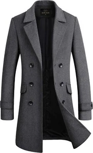 Men's Premium Wool Blend Double Breasted Long Pea Coat - Picture 1 of 14
