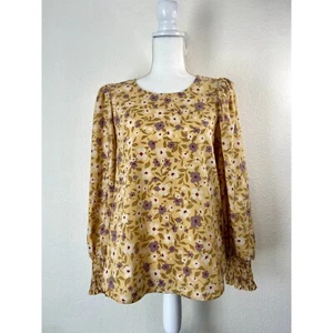 Pleione women's medium yellow floral long sleeve smocked cuff puff sleeve blouse - Picture 1 of 6