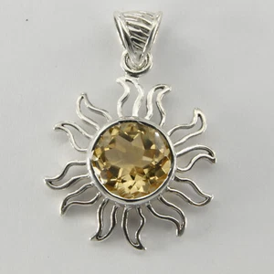 Argento Sterling 925 - Ciondolo Sole Citrino Giallo Tondo/Cerchio Sfaccettato - Foto 1 di 7