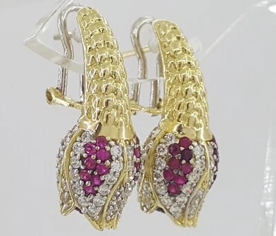 Vintage HIMO Diamond Ruby Tulip Earrings 18k Yellow Gold 2 ct 10.3 grams - Image 1 of 4