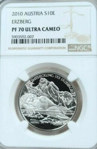 2010 AUSTRIA SILVER 10 EURO ERZBERG NEPTUNE NGC PF 70 ULTRA CAMEO PERFECTION - Picture 1 of 3