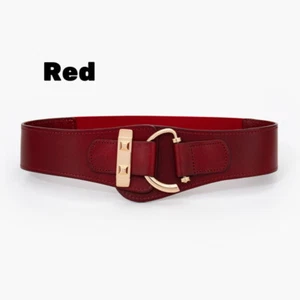 Real Leather Elastic Waist Belt Gold Hook Buckle Stretch Dress Coats Waistband - Picture 1 of 25