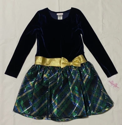 NWT-Bonnie Jean Girl's Holiday Christmas Dress velvet Green Plaid Girls-Sz-16 - Image 1 of 4