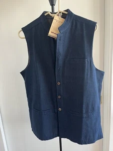 NWT Fabindia Men Sleeveless Jacket Vest Nehru Collar Woven SILK Blue 38 Medium - Picture 1 of 17