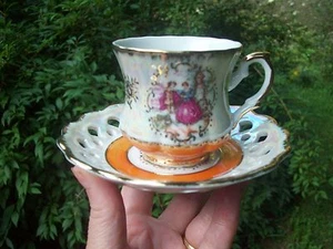 Vintage Demitasse Luster Luster Tea Cup and Saucer Victorian Scene Unmarked - Picture 1 of 5