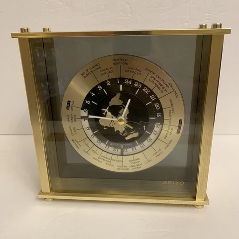 VTG Seiko Quartz World Time Zone Airplane Second Hand Gold Mantel Clock Nice ! Cover
