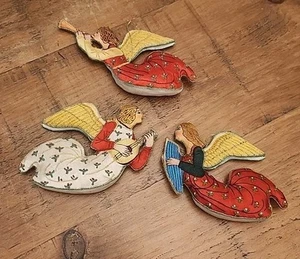 Embroidered Fabric Gold Thread Colorful Angel Christmas Ornaments, Set 3 - Picture 1 of 8