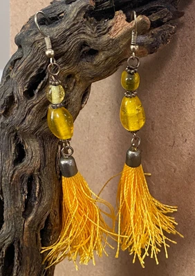 Handmade Yellow Glass Bead Tassel Earrings –- Boho Festival Jewelry - Image 1 of 4