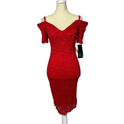 NWT Vintage 80's Nite Scarlett Red Lace Off Shoulder Dress Women's Size 9/10 - Image 1 of 4