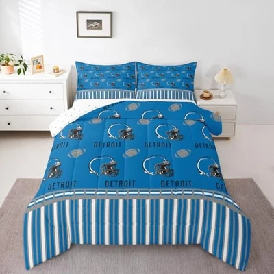  Size Football Duvet Quilt Boys Girls Detroit Bedding Set for Twin Blue Gray - Image 1 of 4