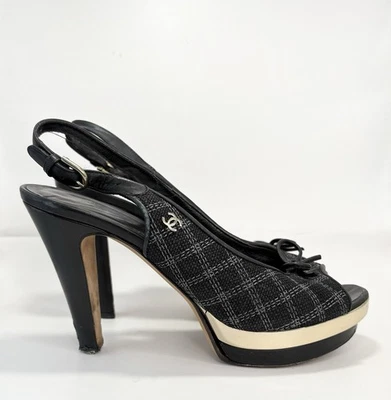 Chanel Black Checkered Embroidered Canvas Peep Toe Platform Slingbacks Sz EU 35C - Image 1 of 4