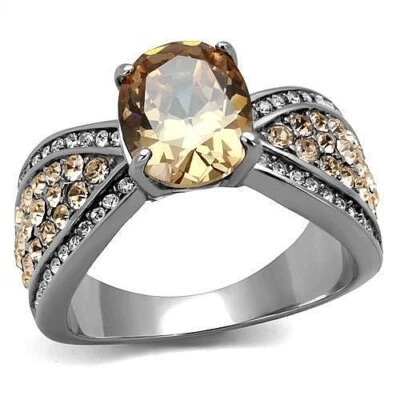 Stainless  Steel Oval Orange Champagne Topaz cz  Wedding  Cocktail Promise Ring - Image 1 of 4