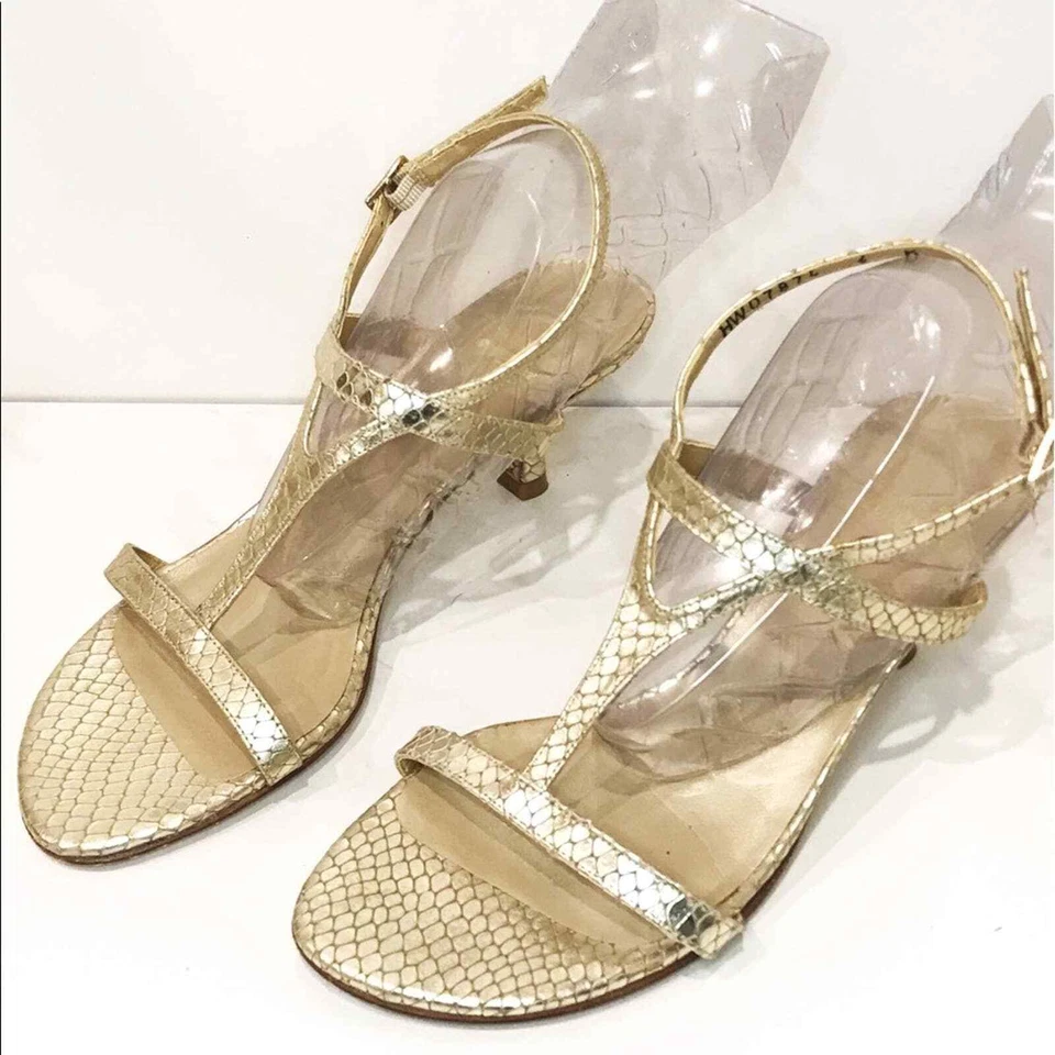 Stuart Weitzman 6 Midtanga Bali Snake Kitten Heel Sandal Champagne Gold Metallic - Image 1 of 4