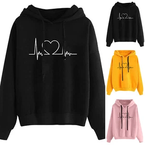Printing Sleeve Long Sweatshirt Color Comfy Bright Women's Hoodies Heart - Picture 1 of 18