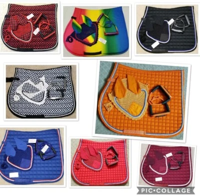 Horse English Saddle Pad Set 6 Colors Matching Fly Bonnet/Veil Ear Net Cotton - Image 1 of 4