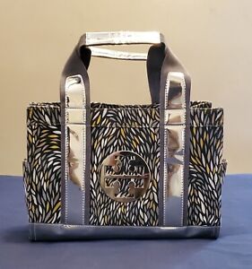 TORY BURCH TORY TOTE SILVER MIRRORED LEATHER MULTICOLOR PRINT CANVAS BAG SECUC