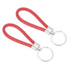 2Pcs Braided Leather Keychain PU Key Ring Woven Ornament Lanyard Strap, Red