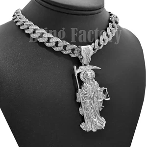 Silver Plated Alloy SAINT DEATH SANTA MUERTE Cubic Zirconia Cuban Chain Necklace - Picture 1 of 20