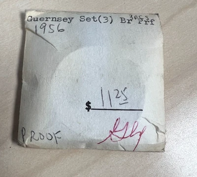 1956 Guernsey 3 Coin Proof Set ,3P, 4 & 8 Doubles Vintage Bebee's Envelope - Image 1 of 3