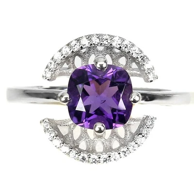 Anello in argento sterling 925 cuscino ametista 7 mm gemma gioielli 7 - Immagine 1 di 4