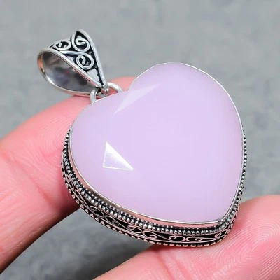 Colgante de joyería vintage hecho a mano con piedras preciosas de cuarzo rosa facetado en forma de corazón de 1,90" Foto 1 de 4