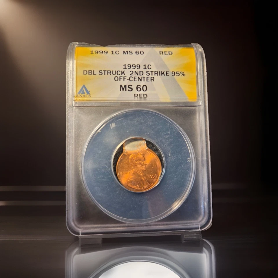 1999 DBL 2nd Struck Lincoln Memorial Cent 95%Off Center ANACS MS 60 Red - Image 1 of 2