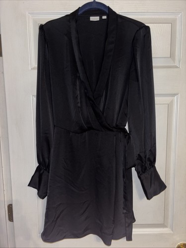 VALENTINO Abito Babaton Aritzia M Hyde True Wrap nero raso opaco mini LBD polsino largo $158