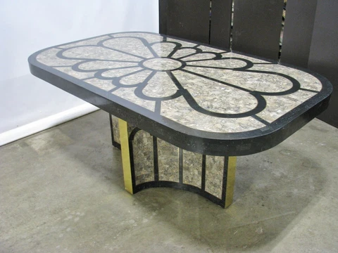 Maitland-Smith 72" Dining Table Tessellated Fossil Stone w/ Inlay Triangle Base Cover