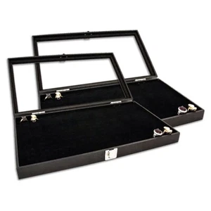 US Seller ~ 2pc Black Wooden Jewelry Display Case Organizer with Glass Top - Picture 1 of 3