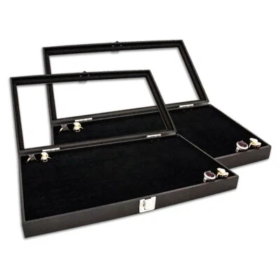 US Seller ~ 2pc Black Wooden Jewelry Display Case Organizer with Glass Top - Image 1 of 3