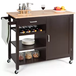 4-Tier Wood Kitchen Island Trolley Cart Storage Cabinet w/ Wine Rack & Drawer - Picture 1 of 12
