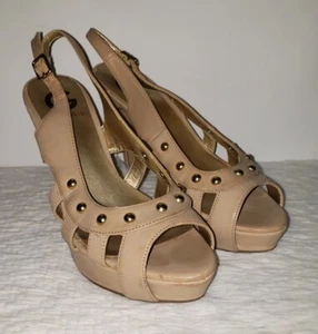 G by Guess Sz 8 Beige Heels Tan Studded Pumps GGChances Peep Toe Strappy Buckles - Picture 1 of 10