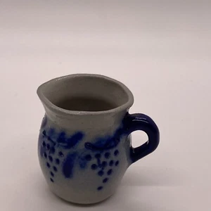 MINI Salt Glaze Pitcher Signed Elder 1991 Grapes 2” Blue Gray Raised Design - Picture 1 of 7