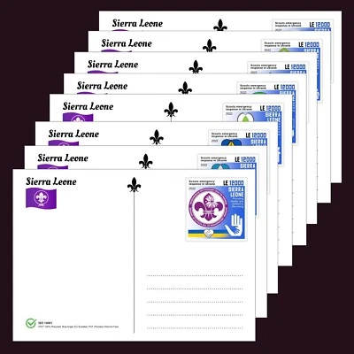 Juego de 8 tarjetas de papelería Scouts MNH 2022 Sierra Leona 100 % papel reciclado Foto 1 de 4