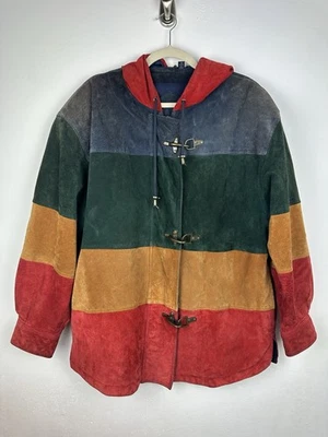 Vintage Gitano Mens Large Jacket Multi Color Stripe Suede Leather Hooded Coat - Image 1 of 4
