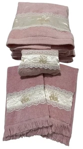 Vintage Bath Hand Towel Soft Pink Floral Lace Satin MCM Retro Coquette Bows - Picture 1 of 14