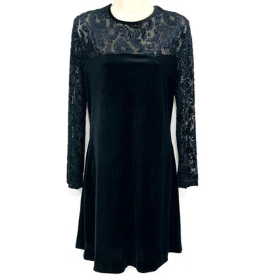 Vtg 90s David Warren DW3 Black Velvet Dress Sz 12 A-Line Burn Out Top WhimsyGoth - Image 1 of 4