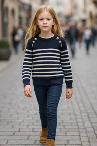 Jersey/suéteres informales de punto suave a rayas elásticas cuello redondo para niñas - Imagen 1 de 6