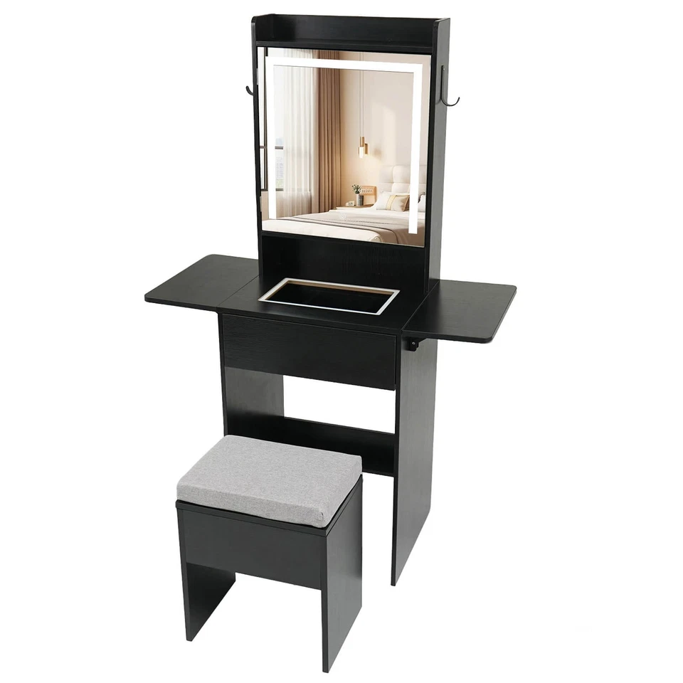 Vanity Desk with Mirror & Lights, Stool, 2 Drop Leaf Tables, Charging Station - Image 1 of 1