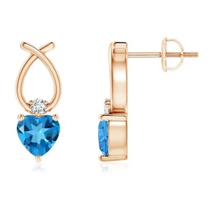 ANGARA 1.23 Ct Heart Shaped Swiss Blue Topaz Ribbon Earrings in 14K Solid Gold - Picture 1 of 31