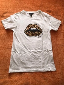 Women’s Top T-shirt Cotton White Leopard Lips NEW LOOK Size UK 8/EU 36 Pre-owned - Picture 1 of 12