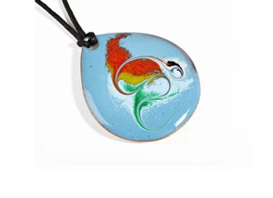 PENDANT ENAMEL ON COPPER LARGE TURQUOISE DESIGN - Picture 1 of 1